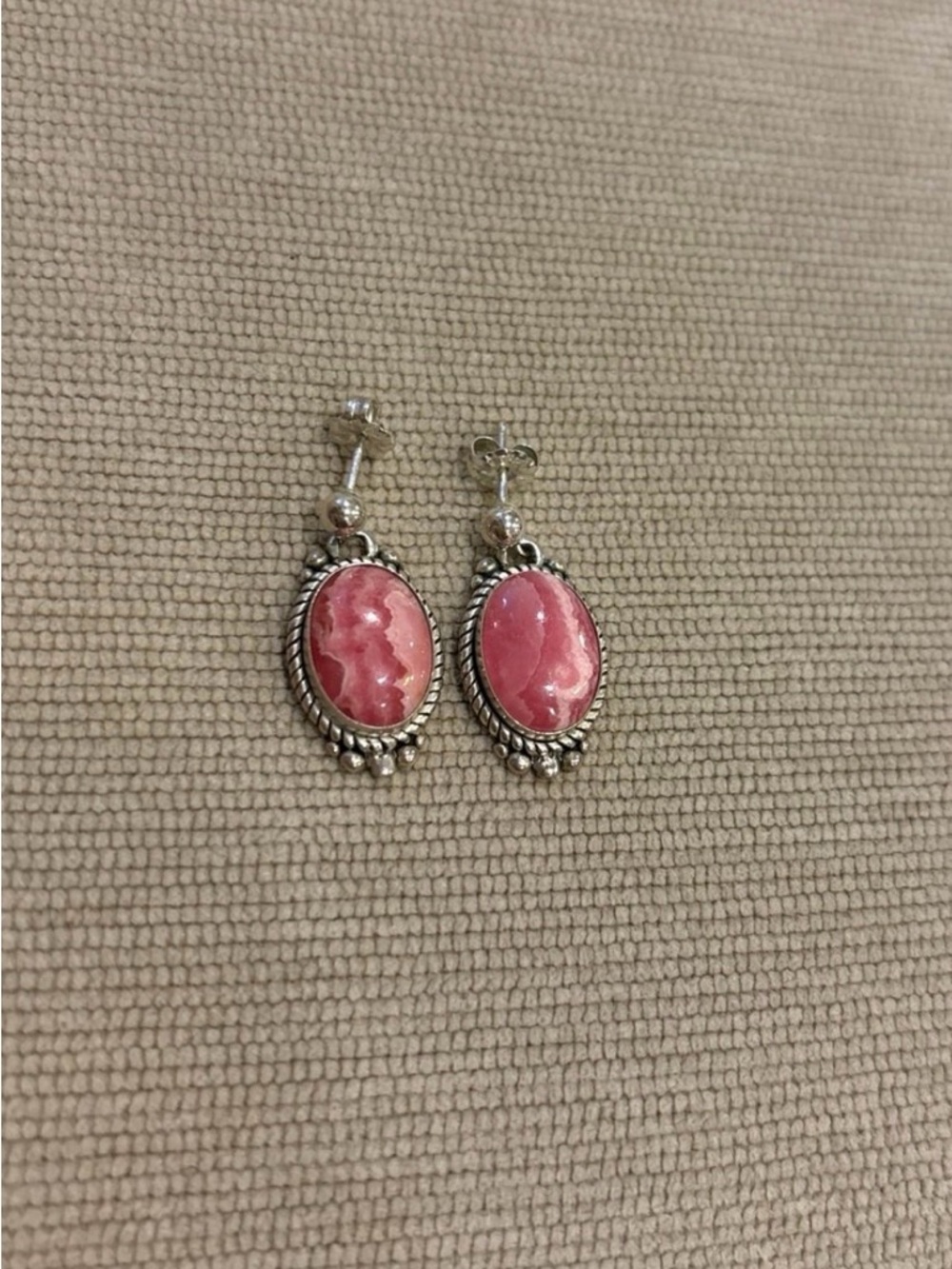 Vintage Silver-Tone Pink Oval Stone Drop Earrings